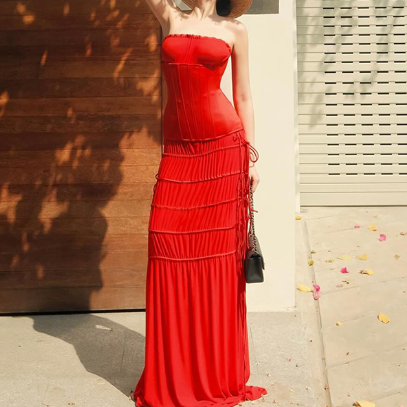 Self tie ruched solid maxi skirt  | Festival Outfits Women