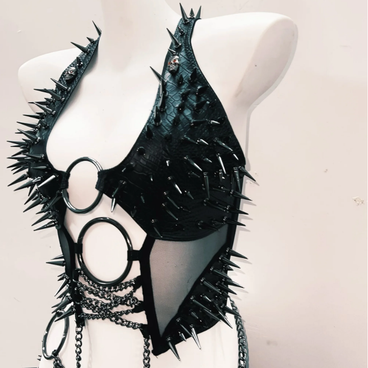 Metal chain o ring rivet applique mini skirt set-final-sale