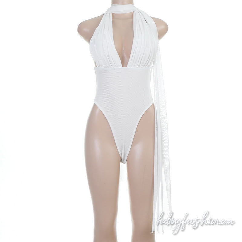 Halter ruched v neck backless solid bodysuit