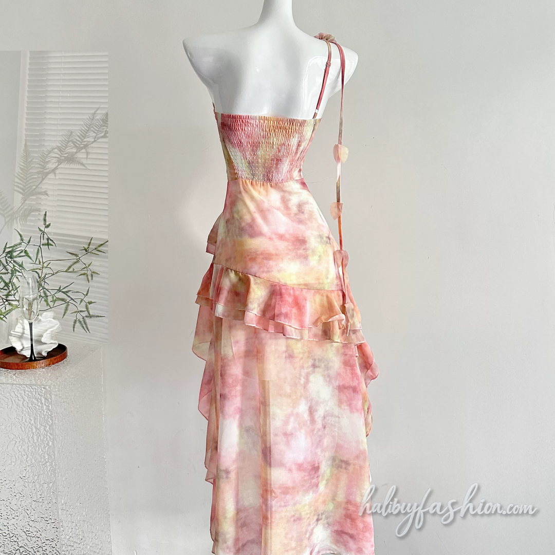 Irregular ruffle flower applique one shoulder midi dress - Halibuy - 5