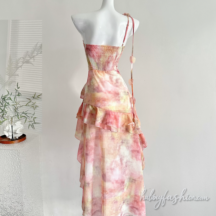 Irregular ruffle flower applique one shoulder midi dress - Halibuy - 5