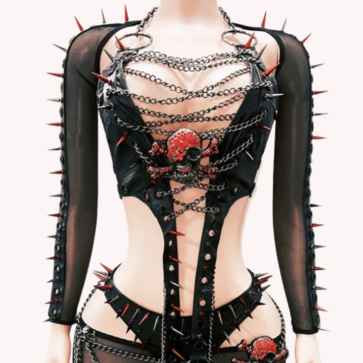 Long sleeve rivet metal chain skull applique o ring top  | Festival Outfits Women