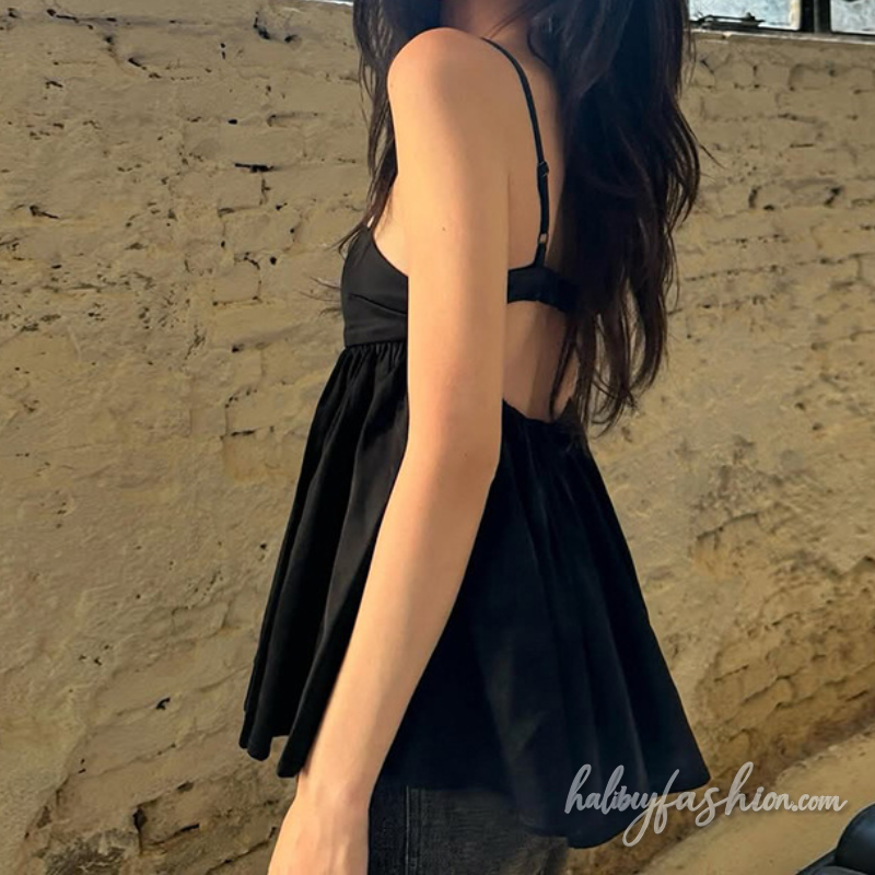 Ruched v neck backless solid cami mini dress