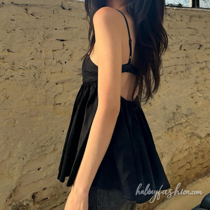 Ruched v neck backless solid cami mini dress