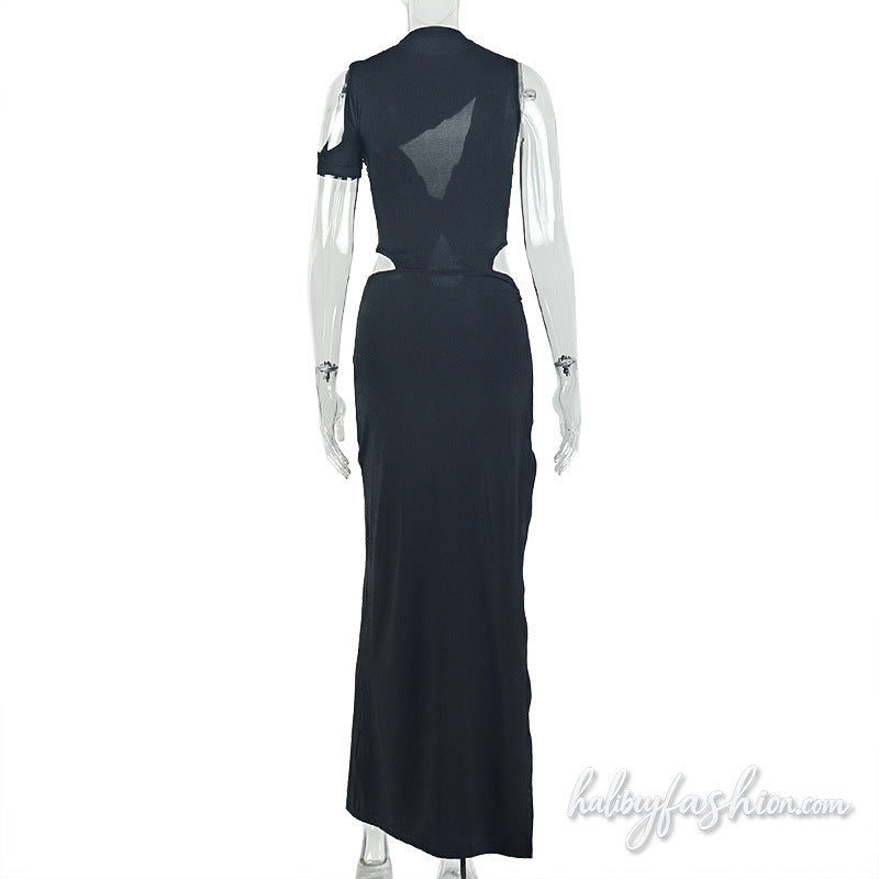 Irregular ruched hollow out slit cami maxi dress