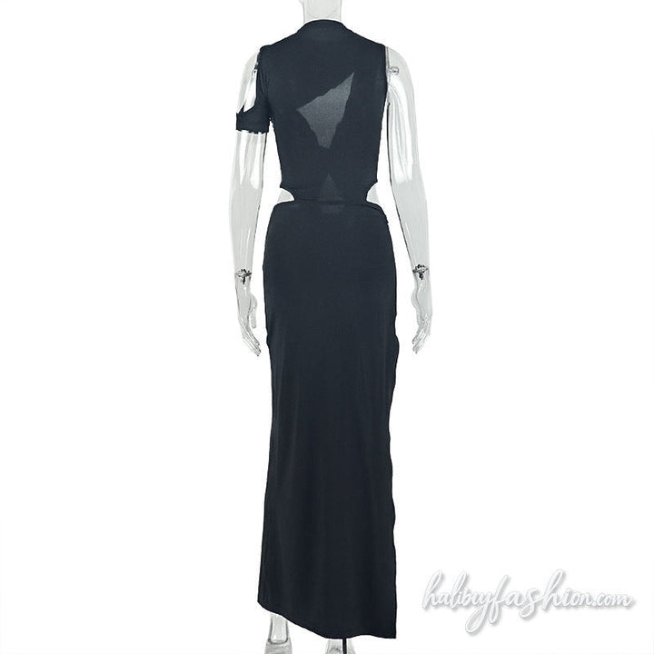 Irregular ruched hollow out slit cami maxi dress