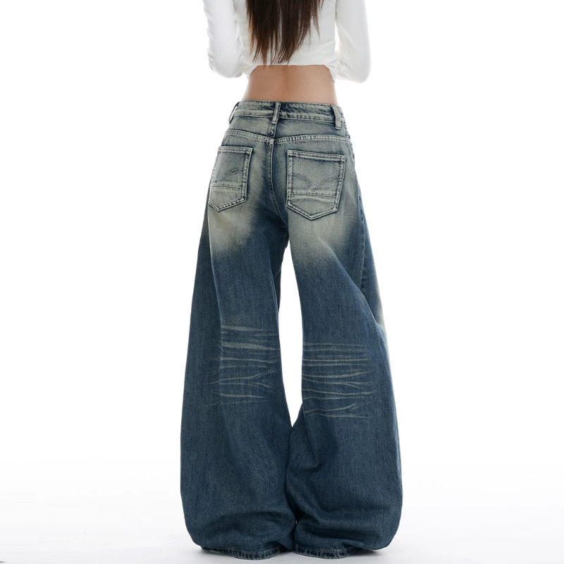 Gradient button pocket zip-up low rise wide leg | Baggy Low Rise Jeans