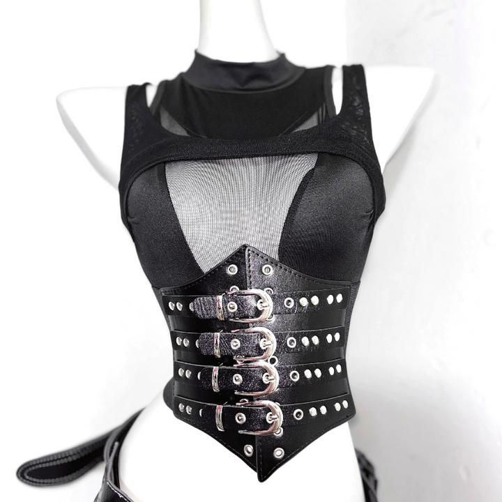 Crewneck hollow out corset PU leather cut out top  | Festival Outfits Women