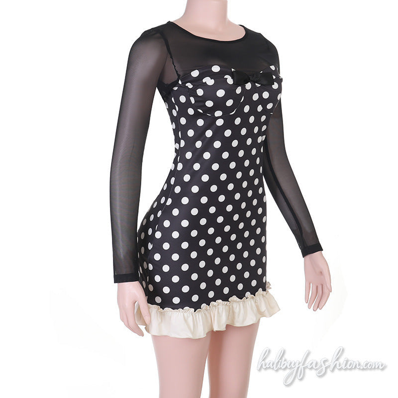 Long sleeve mesh polka dot crewneck ruffle mini dress - Halibuy - 3
