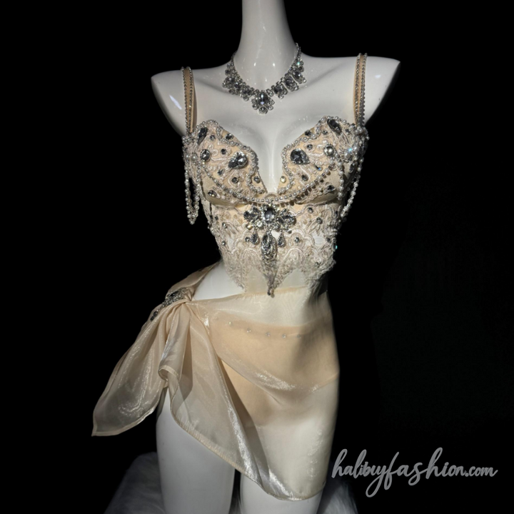 V neck beaded backless cami mini skrit set