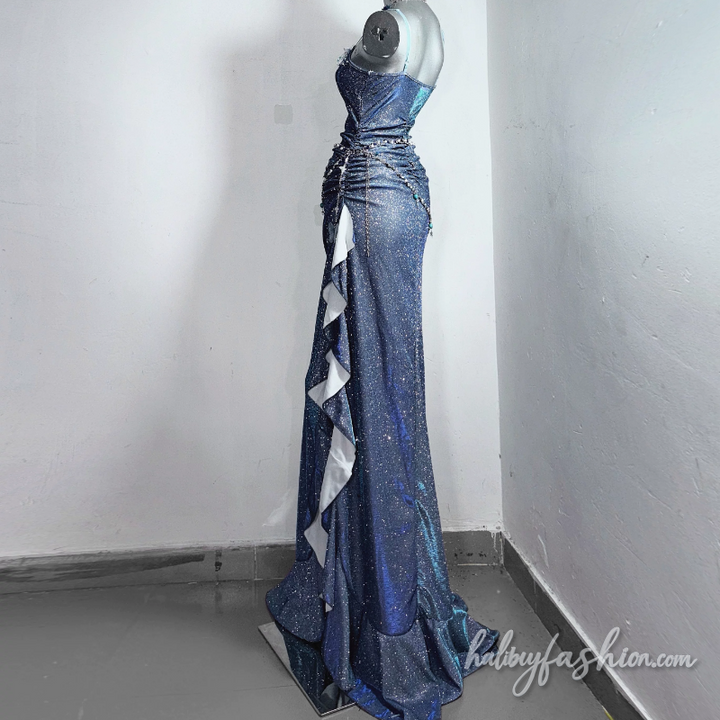 Slit ruffle v neck ruched cami maxi dress