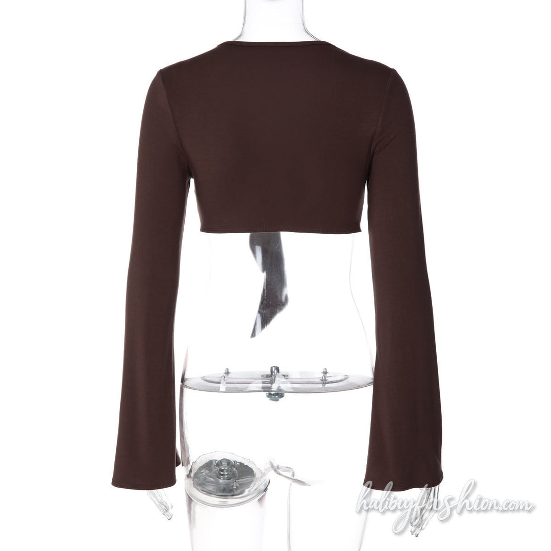 Long sleeve self tie v neck solid crop top