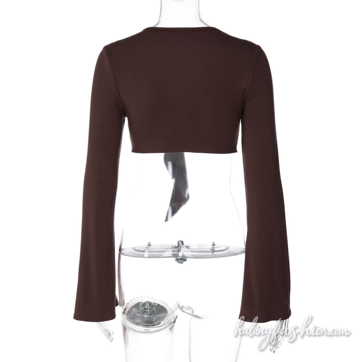 Long sleeve self tie v neck solid crop top