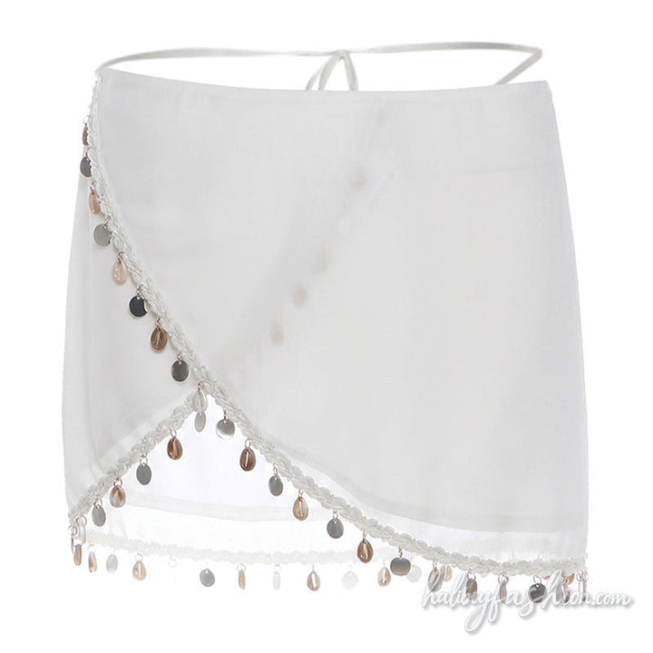 Irregular shell applique chiffon self tie mini skirt