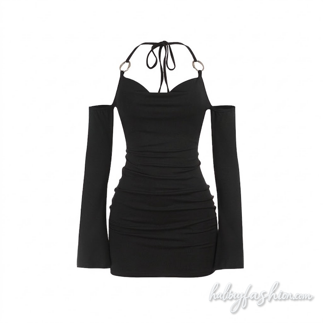 Halter self tie off shoulder long sleeve mini dress