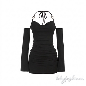 Halter self tie off shoulder long sleeve mini dress