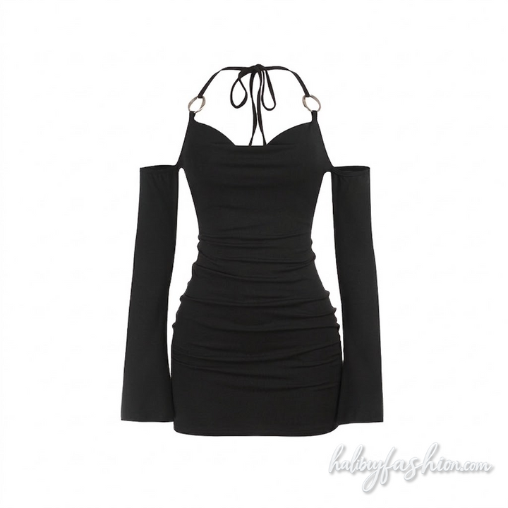 Halter self tie off shoulder long sleeve mini dress