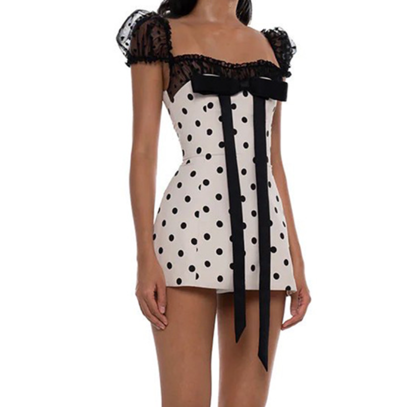 Bowknot polka dot ruffle puff sleeve mini dress  | Festival Outfits Women
