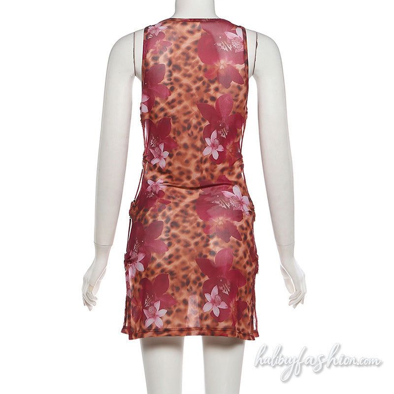 Leopard print crewneck o ring hollow out mini dress