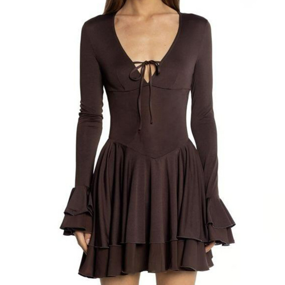 V neck self tie long flared sleeve mini dress  | Festival Outfits Women