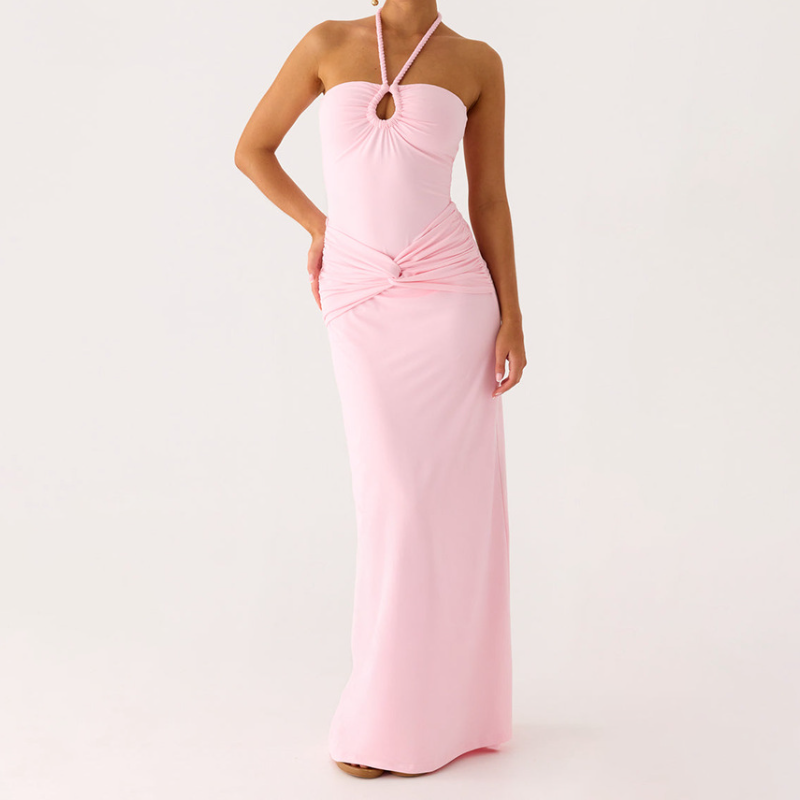 Hollow out halter self tie ruched maxi dress  | Festival Outfits Women