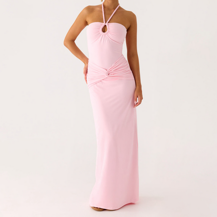 Hollow out halter self tie ruched maxi dress  | Festival Outfits Women