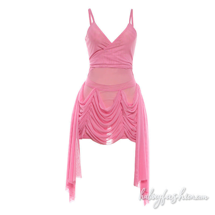 Ruched hollow out mesh v neck cami mini dress
