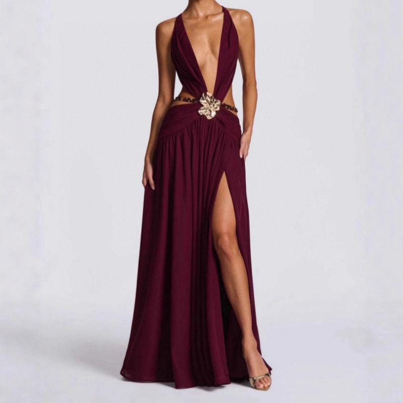 Beaded deep v neck slit cross back self tie maxi dress  | Festival Outfits Women