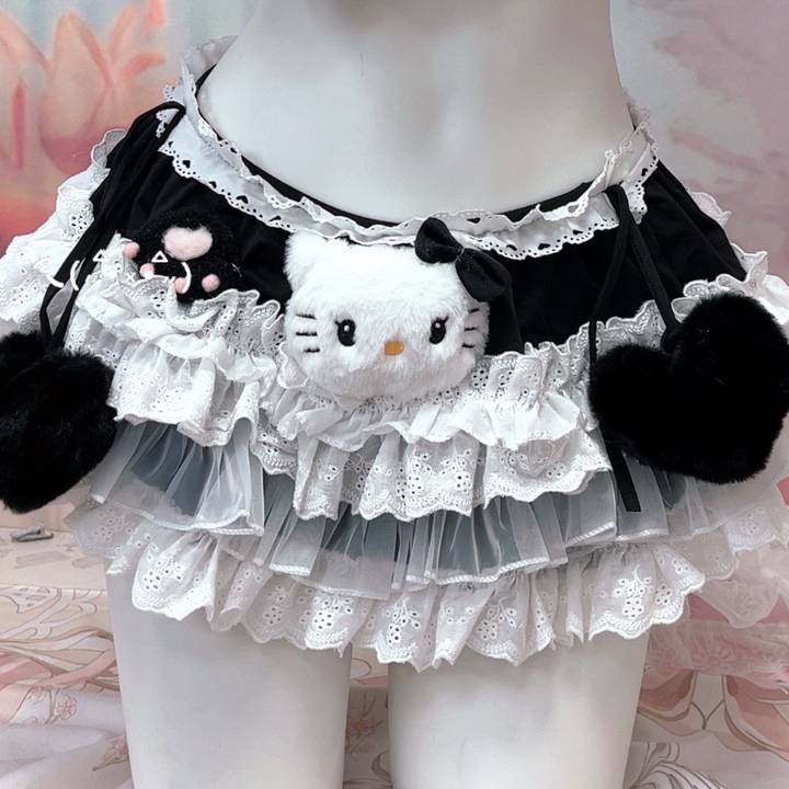 Lace hem " hello kitty " applique cami mini skirt set  | Festival Outfits Women-final-sale