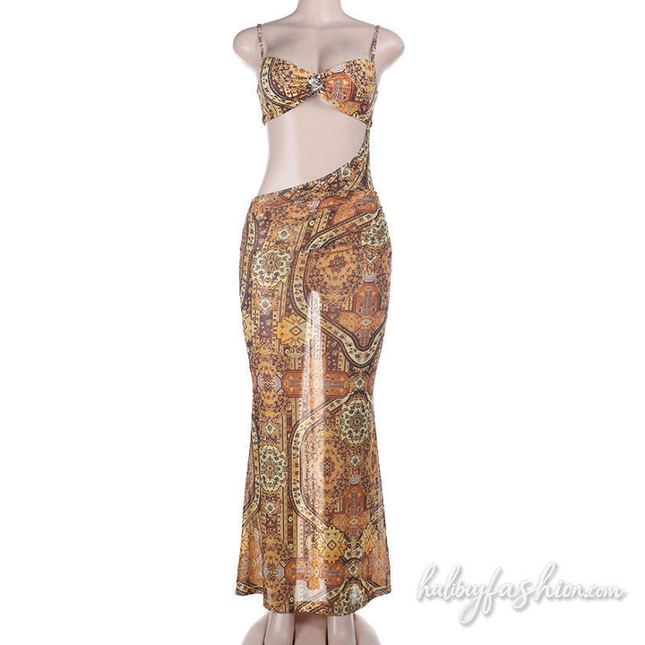 Irregular hollow out print v neck cami maxi dress