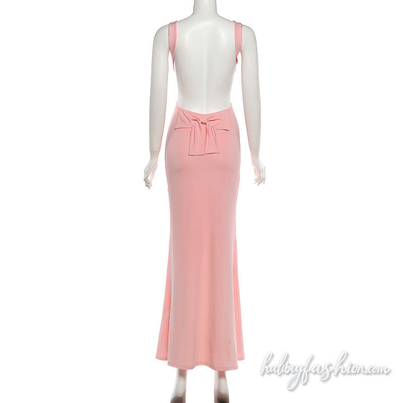 Ruched bowknot solid backless cami maxi dress