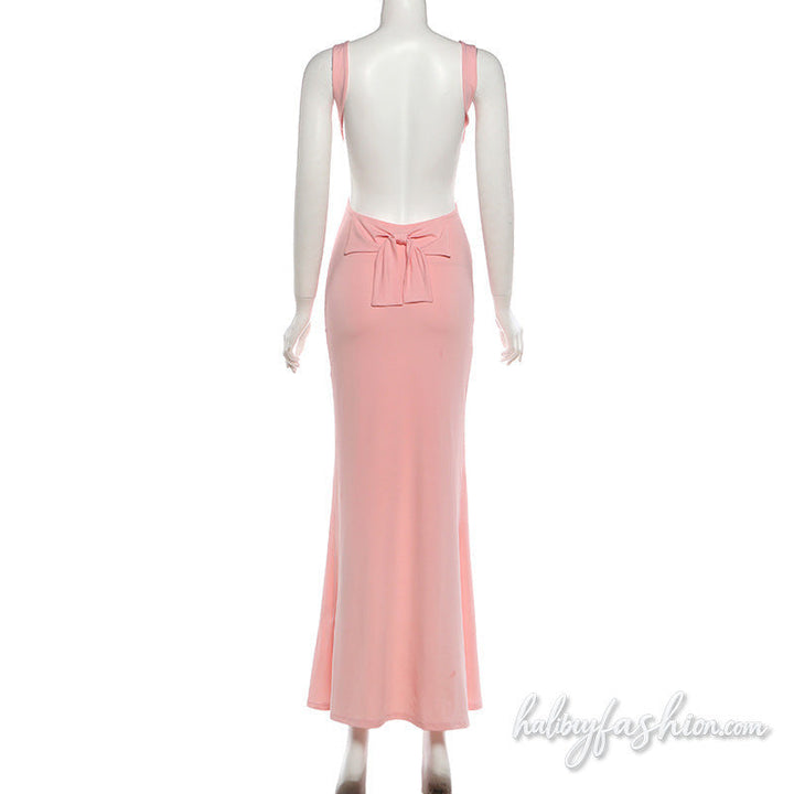 Ruched bowknot solid backless cami maxi dress