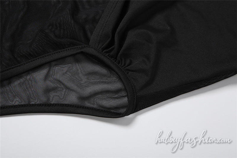 Long sleeve mesh crewneck button solid bodysuit
