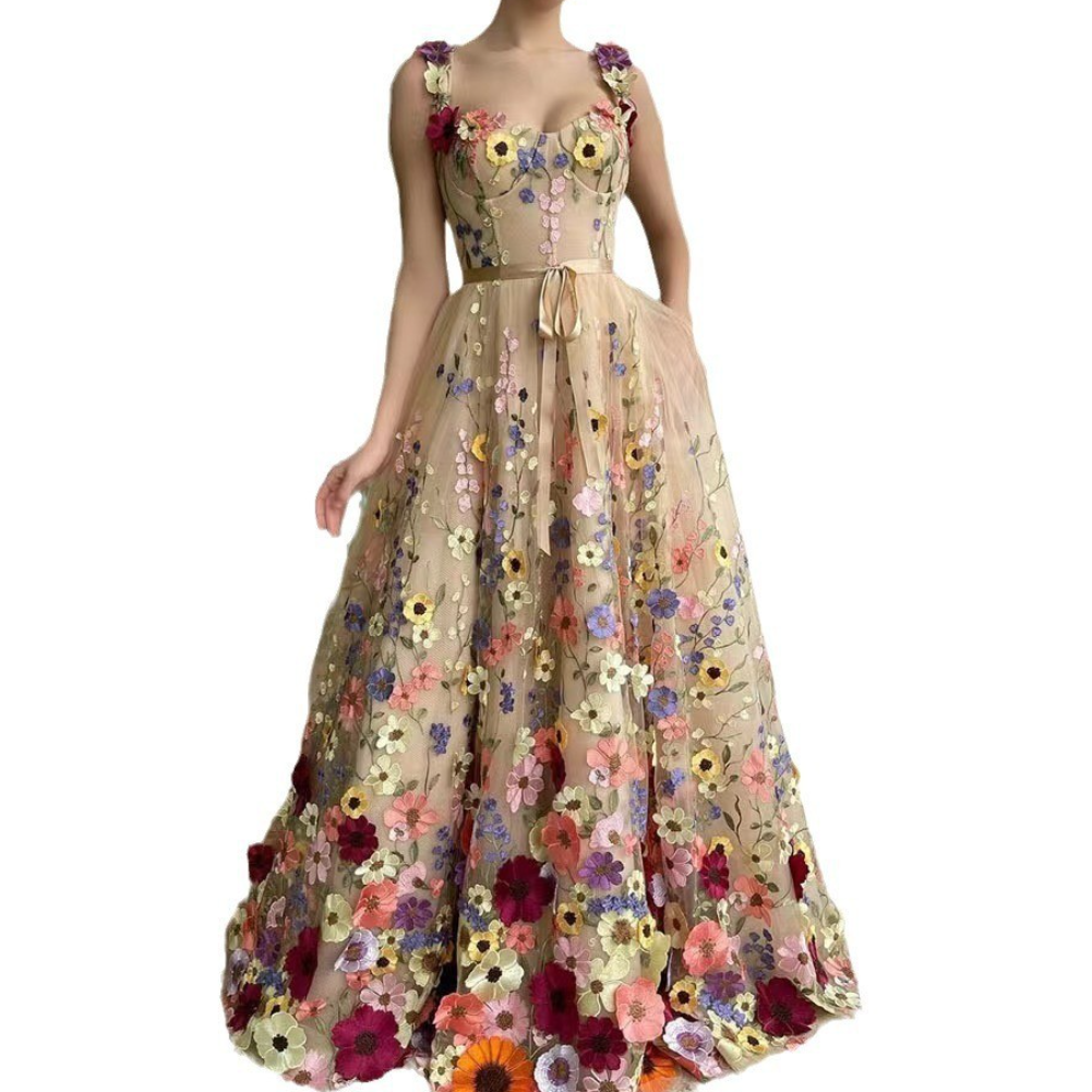 Flower embroidery zip-up self tie cami maxi dress  | Festival Outfits Women