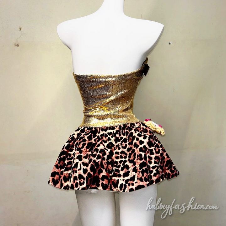 Leopard print bowknot glitter tube mini dress