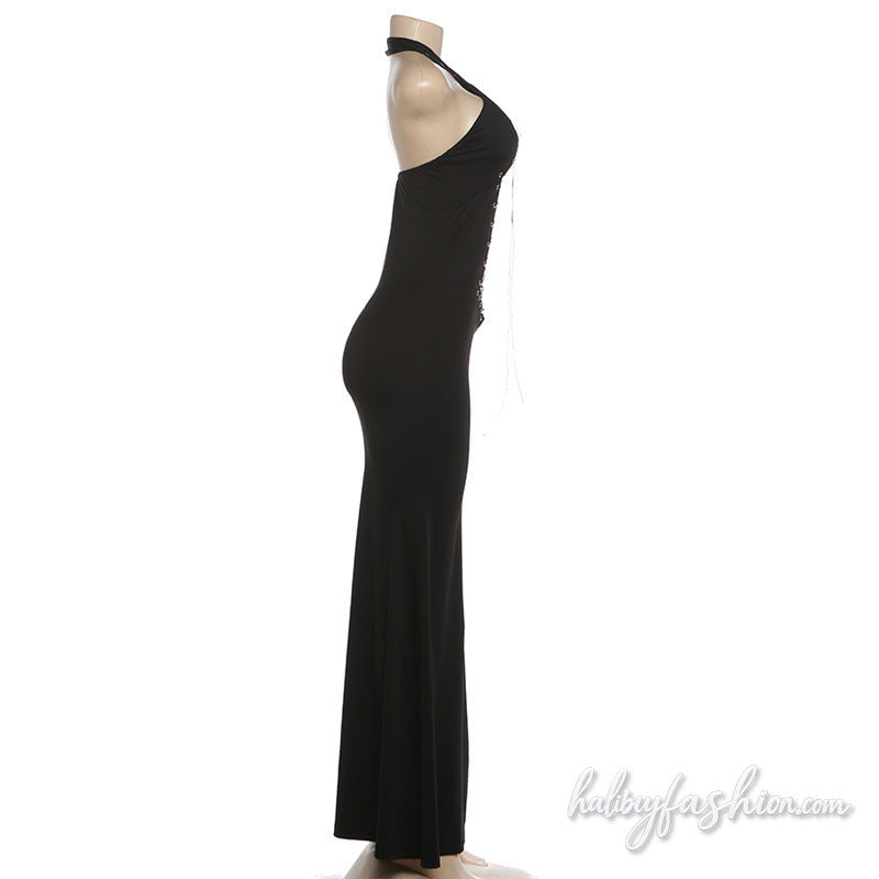 Cross front halter hollow out self tie maxi dress