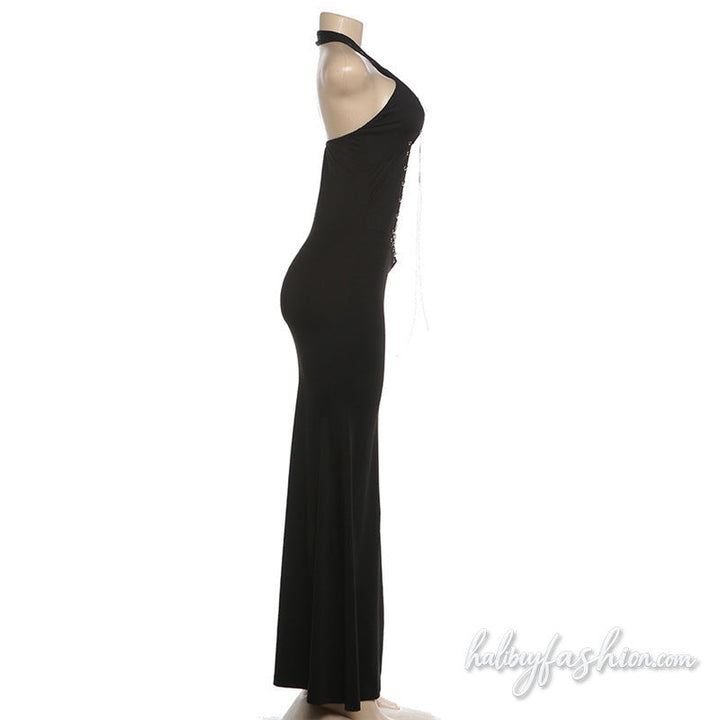 Cross front halter hollow out self tie maxi dress