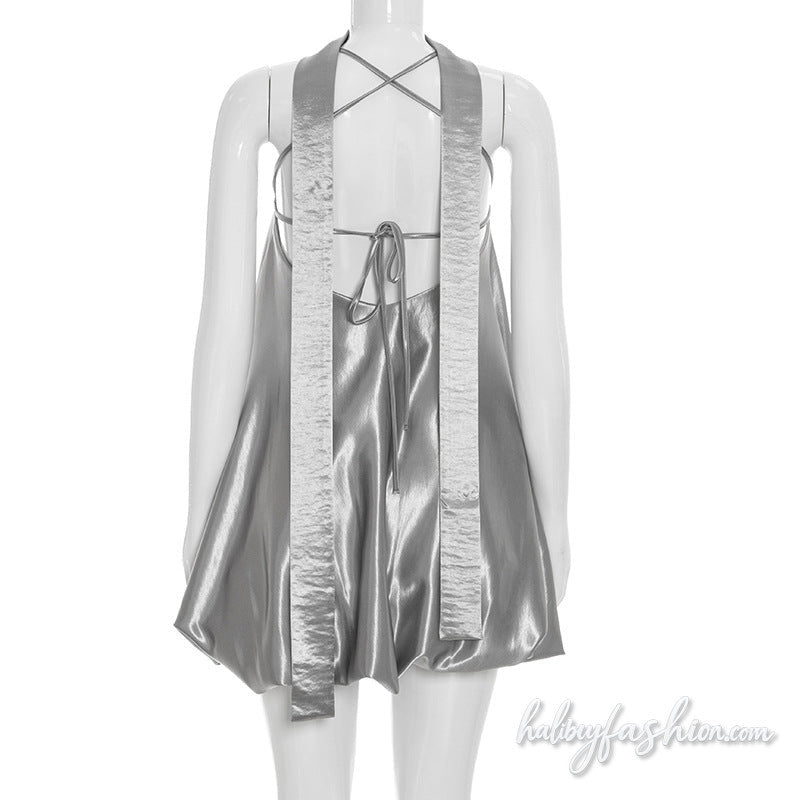 Metallic cross back square neck cami mini dress - Halibuy - 4
