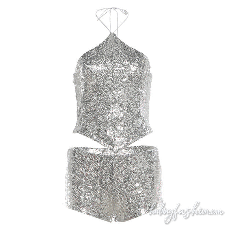 Glitter halter self tie backless pant set