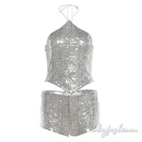 Glitter halter self tie backless pant set