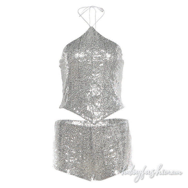 Glitter halter self tie backless pant set