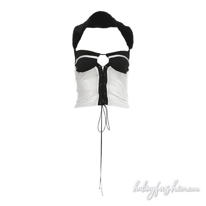 Halter fluffy mesh lace up hollow out top