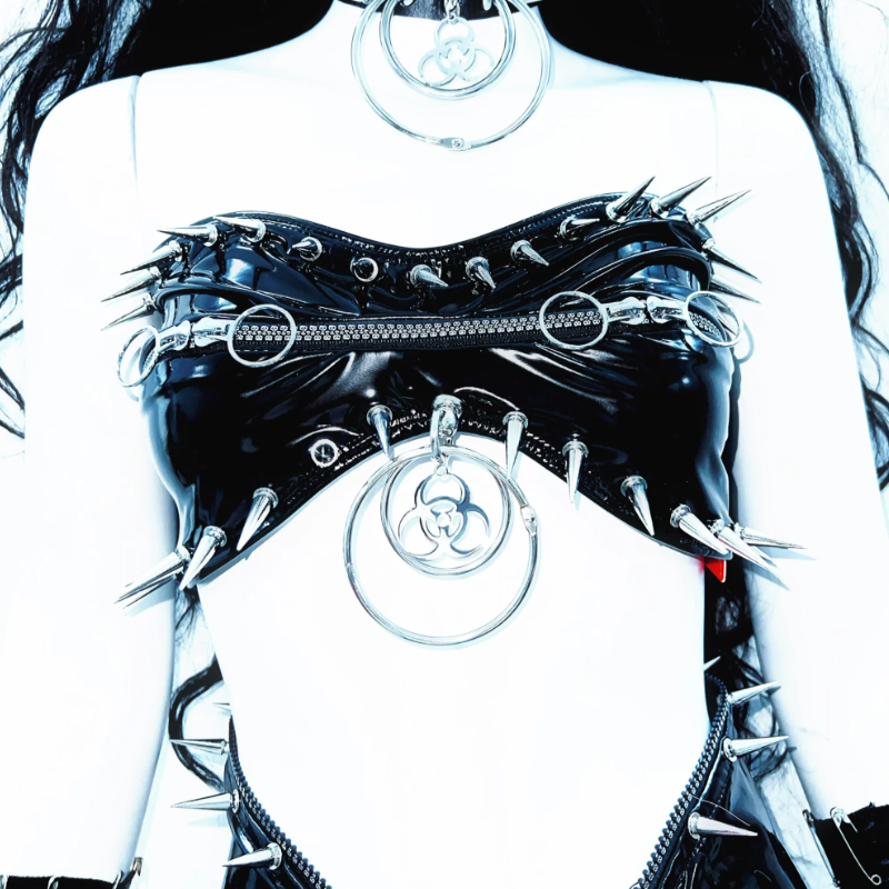 PU leather zip-up o ring rivet applique tube top