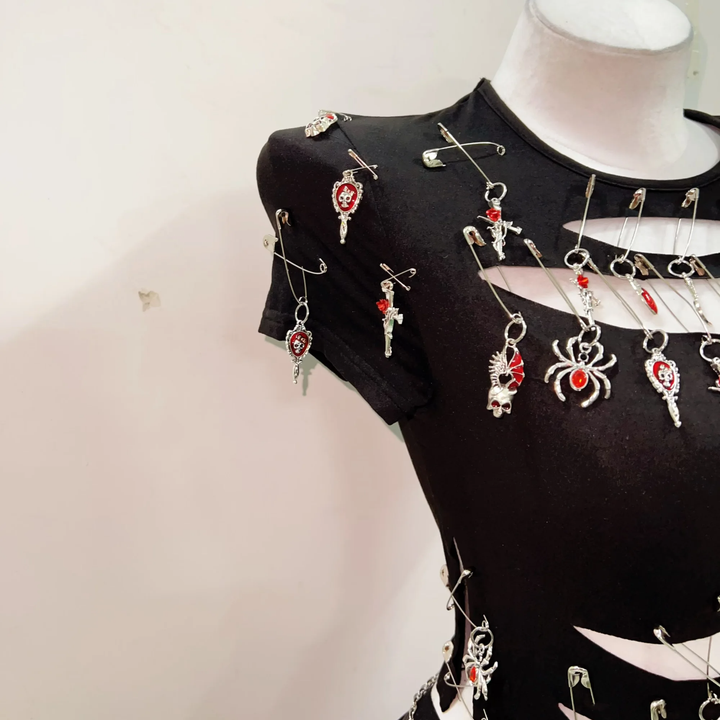 Crewneck short sleeve hollow out metal applique cut out top  | Festival Outfits Women