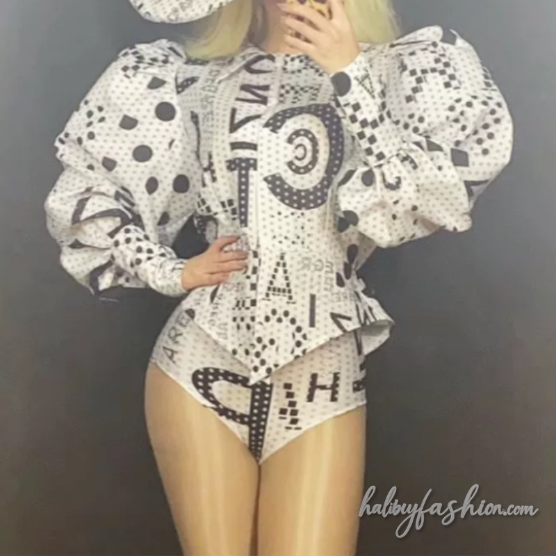 Puff sleeve turnover collar letter print pant set