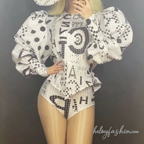 Puff sleeve turnover collar letter print pant set