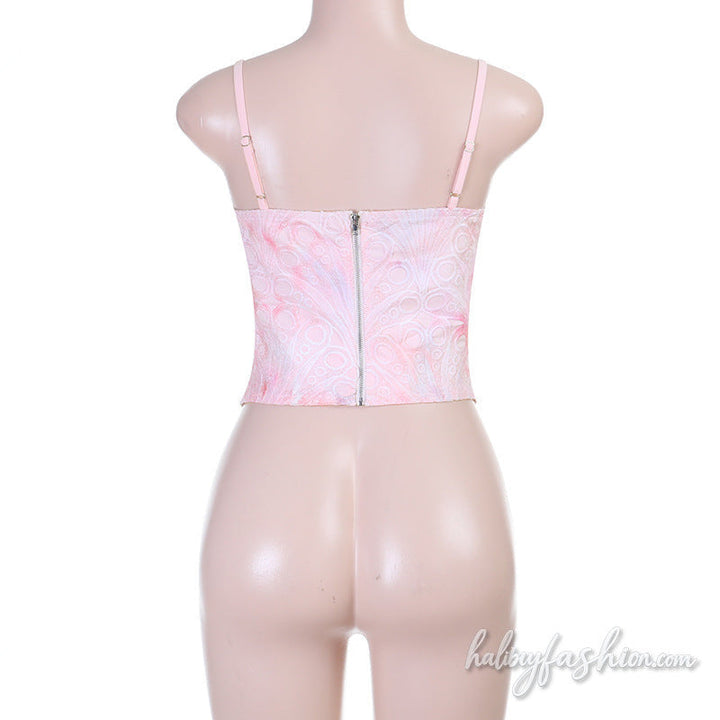 Print v neck corset zip-up backless cami top