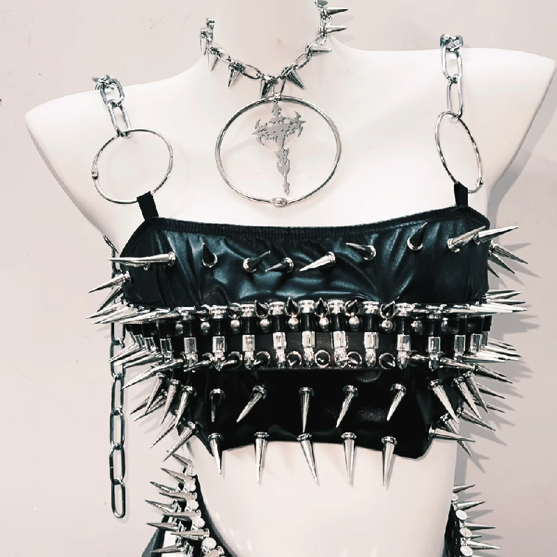 O ring rivet PU leather metal chain belt top  | Festival Outfits Women-final-sale