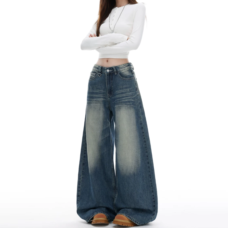 Gradient button pocket zip-up low rise wide leg | Baggy Low Rise Jeans