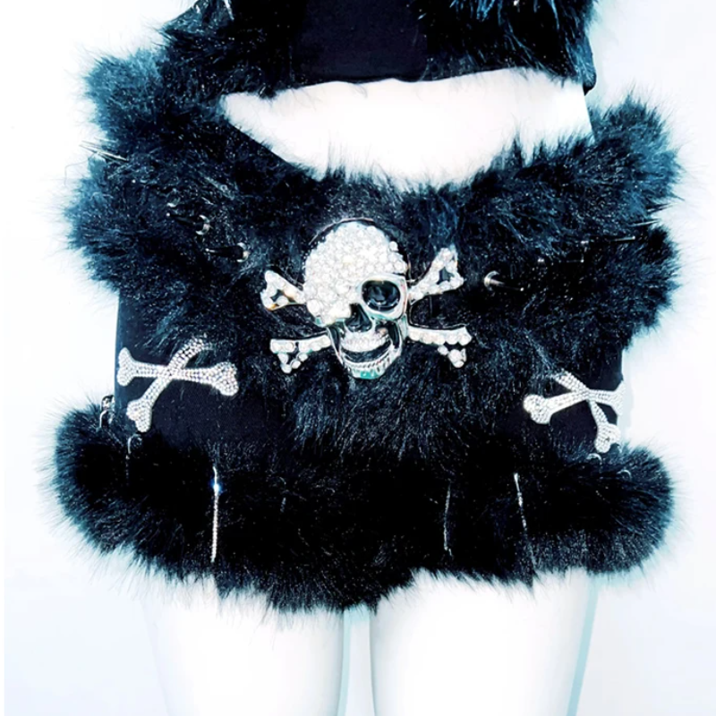 Fluffy halter skull applique backless top